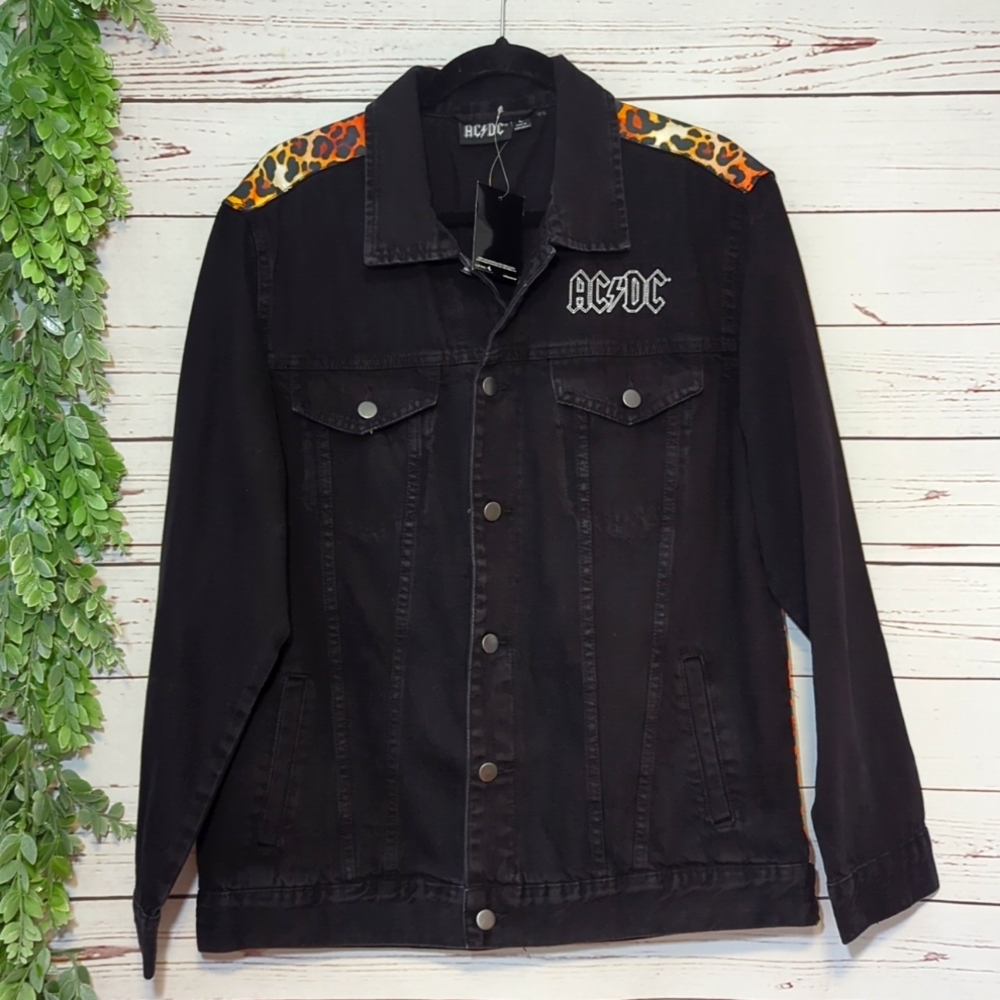 AC/DC Leopard Print Album Titles Black Denim Jean Jacket‎ Unisex Size Large